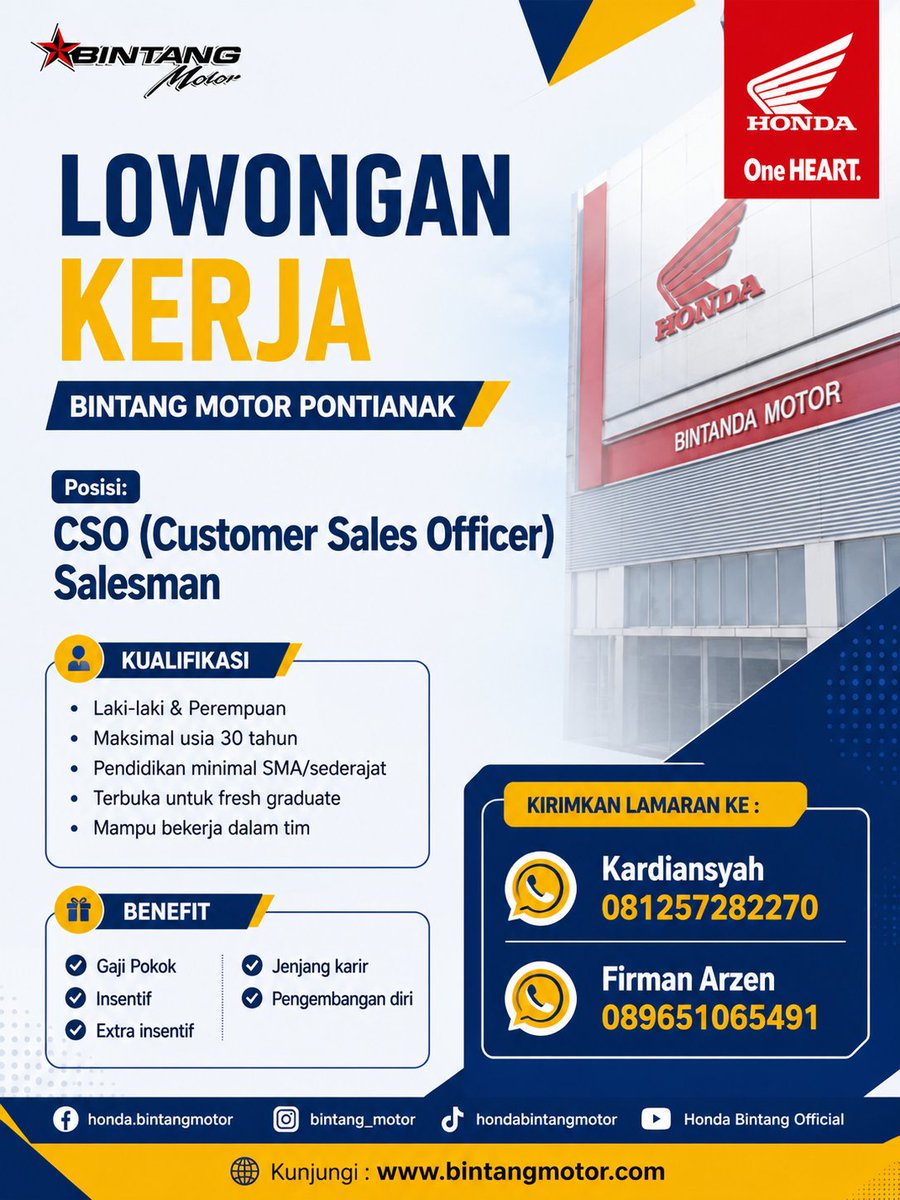 lowkerptk3's tweet photo. 📢 Lowongan Kerja Pontianak!
Bintang Motor Pontianak membuka lowongan untuk posisi CSO (Customer Sales Officer) dan Salesman. Yuk, segera kirim lamaranmu dan jadilah bagian dari tim! 🚀

#LokerPontianak #InfoLokerPontianak #LowonganKerjaPontianak #PontianakKerja #LokerKalbar https://t.co/fYICNU94wI