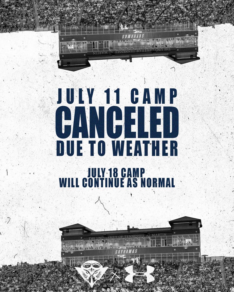 UTM_FOOTBALL's tweet photo. 🚨 CAMP UPDATE 🚨

Due to bad weather moving into the area this Saturday, we have made the decision to POSTPONE this weekend’s camp.

🔒 LOCK US IN FOR JULY 18!

#WinnersWearBlue #FlyWithUs #MartinMade🔷🔶 https://t.co/Jt9ceqz4E3