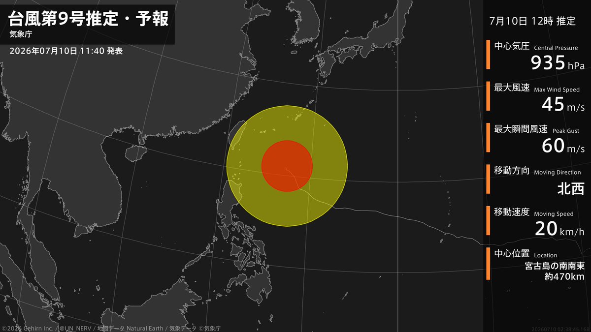 UN_NERV's tweet photo. 【台風第9号推定・予報 2026年07月10日 11:38】
大型で非常に強い台風第9号（バービー）は、宮古島の南南東約470kmを1時間に20キロの速さで北西に進んでいるとみられます。 https://t.co/Mx6WHTbkrw