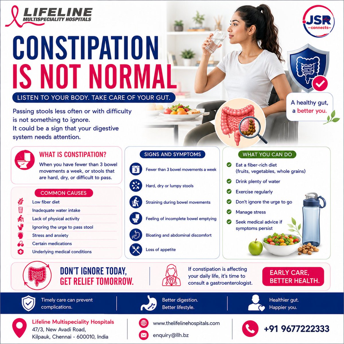JSRconnect's tweet photo. Don't ignore what your gut is trying to tell you.
Persistent constipation deserves attention—early care can make all the difference.
#constipation #guthealth #digestivehealth #lifelinehospitals #DRJSR https://t.co/JAvOsS9O64