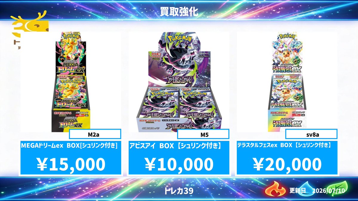 39miyusei's tweet photo. 🚨【爆速買取｜本日限定】🚨

未開封・美品優遇‼️

🔥MEGAドリームex：￥15000
🔥アビスアイ：￥10000
🔥テラスタルフェスex：￥20000

🔥限定100BOXのみ
🔥成約後“最短2時間”で即振込
🔥在庫ある方、今が売り時です

⏰受付締切：本日17:00まで

集まり次第終了！お早めに⚡
LINEでご相談ください👇👇
👉https://t.co/ygv3yqRKug
📦 安心・安全なお取引をお約束

#ポケカ買取
#未開封BOX買取
#高価買取
#ニンジャスピナー
#緊急買取
#ポケモンカード
#買取ドラゴン
 #ポケモンカード
#未開封BOX
 #シュリンク付き
#151買取
 #イーブイヒーローズ
#ワイルドフォース
 #スターバース
#ポケカ投資 
#ポケカ相場