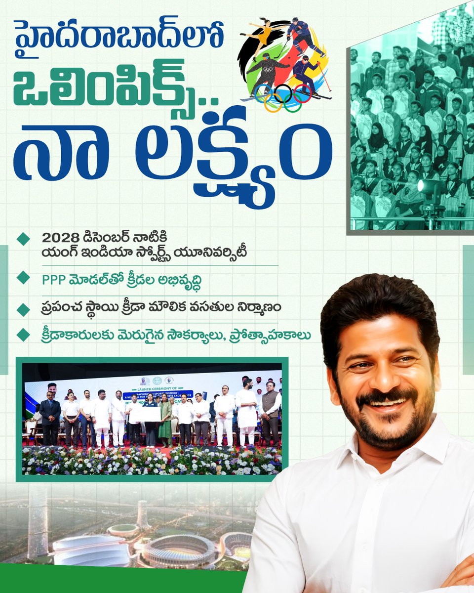 Inctelanganaupd's tweet photo. హైదరాబాద్లో ఒలింపిక్స్.. నా లక్ష్యం
@TelanganaCMO @revanth_anumula @INCTelangana
#telanganacmo #telanganacongress #RevanthReddy #hyderabadolympics #buildingfuture https://t.co/YL8BCsNm6Q