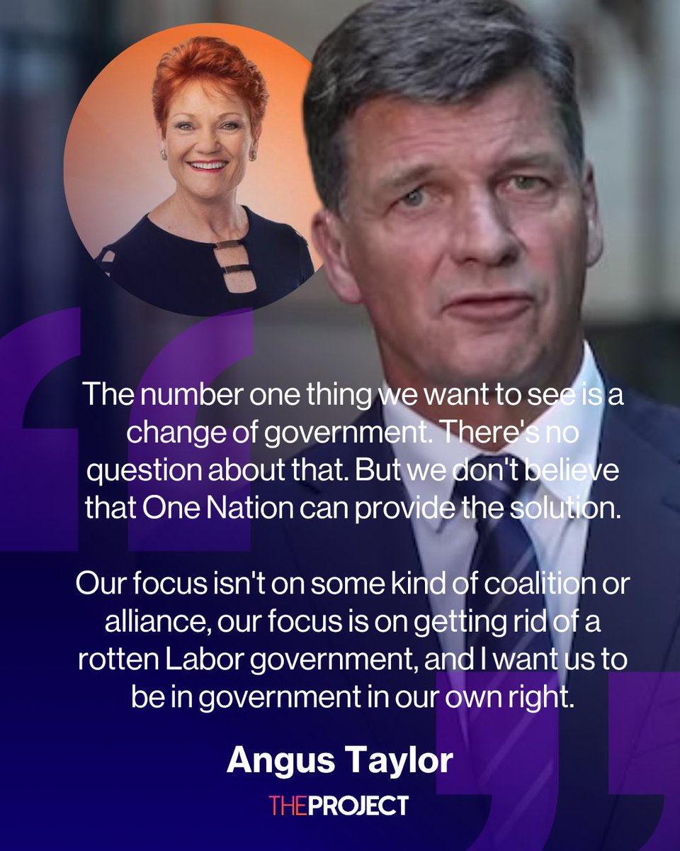 theprojecttv's tweet photo. Opposition Leader Angus Taylor has ruled out forming a coalition with One Nation, despite Pauline Hanson calling on the Liberal Party to “work together”. 

Taylor said the Liberals would not enter an alliance with the minor party, as he sharpened his attacks on One Nation and warned voters against backing it.