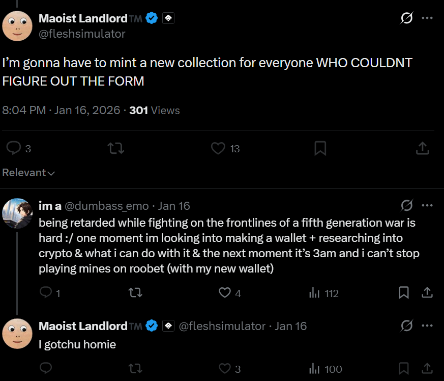 battlefrick's tweet photo. @foxdiepopuli_ "Simulators" formally agree to social media guidelines to get NFTs that Thomas mints for them, so when they harass you, they're doing so under his guidelines to "profit" from the NFTs that he minted for them.

Thomas also minted cryptocurrency to have at least one person doxed. https://t.co/8f2VfbRRay