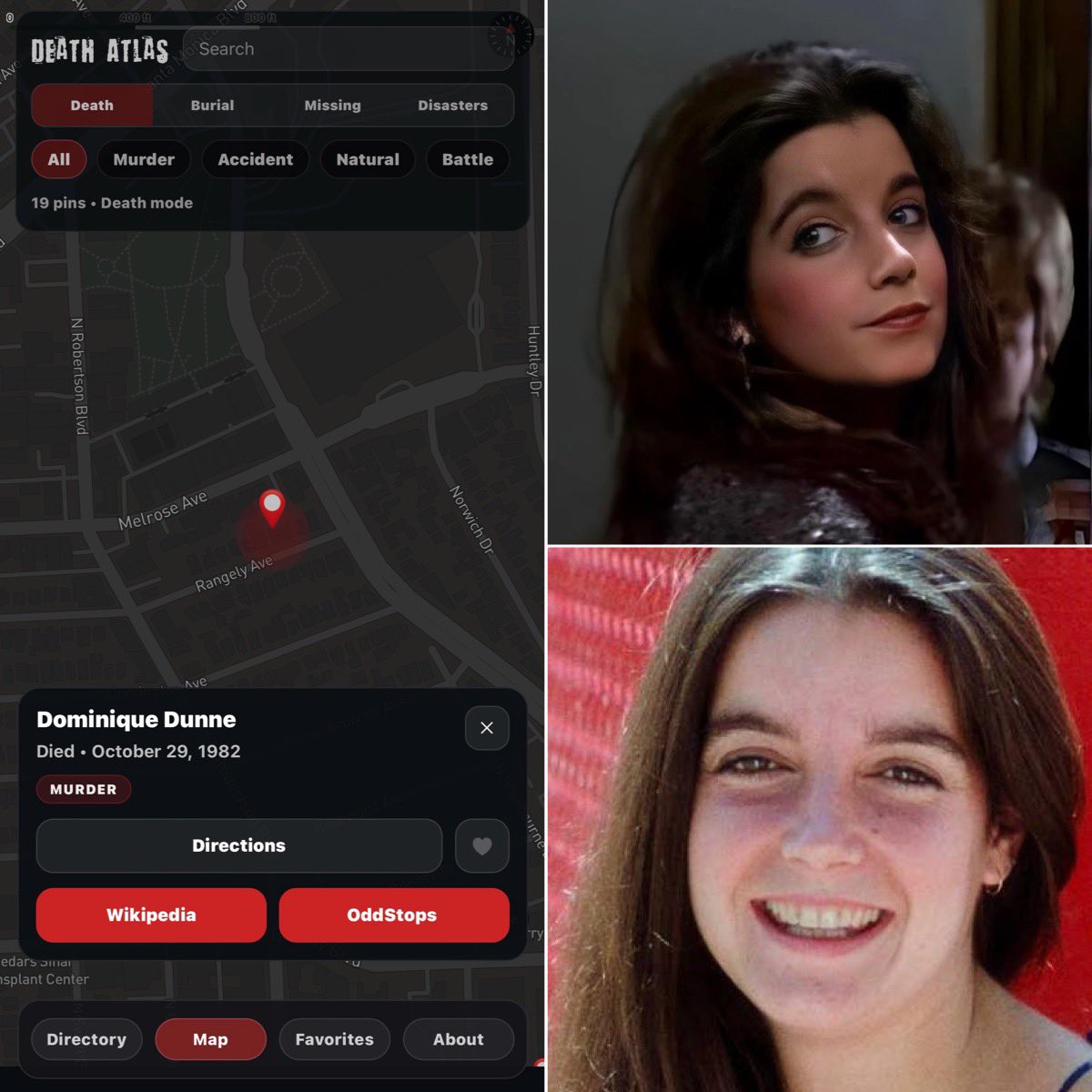 DeathAtlasApp's tweet photo. 🎬 Remembering Dominique Dunne

Dominique Dunne (1959–1982) was a talented young actress whose career was just beginning when her life was tragically cut short at the age of 22.

She is best remembered for portraying Dana Freeling in the 1982 horror classic Poltergeist. With her natural talent and charisma, many believed she had a long and successful career ahead of her.

In October 1982, Dominique was brutally attacked by her former boyfriend outside her West Hollywood home. After several days on life support, she died on November 4, 1982.

Her death became one of Hollywood’s most heartbreaking tragedies and helped bring greater public attention to domestic violence and the dangers of abusive relationships. Her father, author Dominick Dunne, later became a well-known advocate for victims’ rights and a respected crime journalist.

🕯️ Dominique’s legacy lives on through her work and as a reminder of the importance of recognizing and preventing domestic violence.

📍 Explore the locations connected to Dominique Dunne’s story in Death Atlas, where history is remembered one place at a time.

Download Death Atlas on the Google Play Store and the Apple App Store.

Android: https://t.co/5NSRE6AQGt

iPhone: https://t.co/W1XPSHM34B