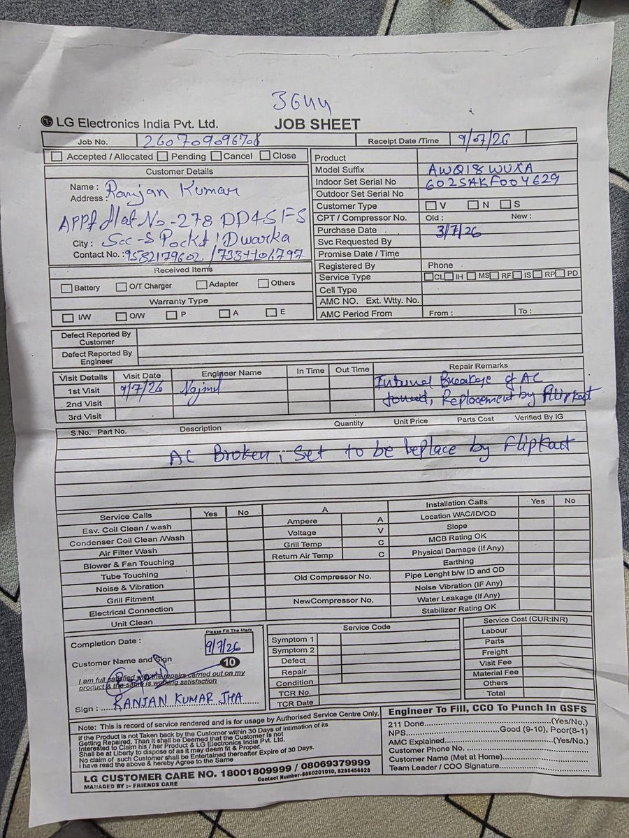 RKJha1985's tweet photo. @flipkartsupport Hi @flipkartsupport , Hope you already checked shared ur mail communication &amp; LG jobsheet, Resolution from ur side, to share LG jobsheet denying replacement from LG &amp; same they mention on their jobsheet to get replaced by Flipkart. Please replace now.
@jagograhakjago @_Kalyan_K https://t.co/SDjNTB3jqZ