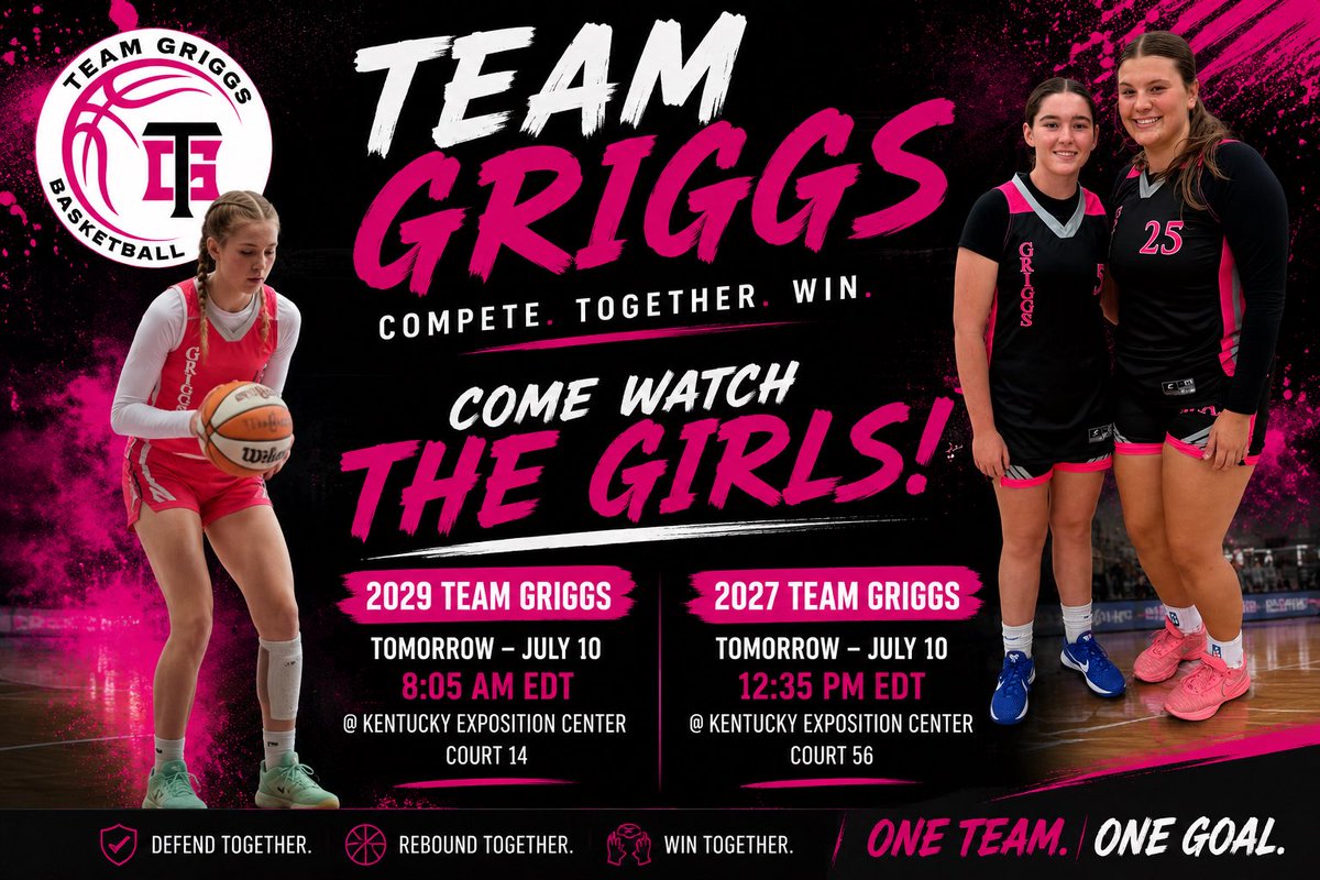 griggs_team's tweet photo. 💗 Two teams. One standard.

If you’re at Run 4 Roses, come catch Team Griggs in action tomorrow!

🏀 2029 Team Griggs — 8:05 AM (Court 14)
🏀 2027 Team Griggs — 12:35 PM (Court 56)

Built on defense. Powered by team basketball.
@Assist_U_ @CoachBCH @CoachJillDunn @cltmediagroup https://t.co/QD4j3fjYcW
