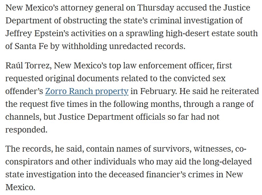 TheWarMonitor's tweet photo. New Mexico AG says the DOJ is obstructing the state's criminal investigation into Jeffrey Epstein's activities at Zorro Ranch by withholding records vital to the investigation. https://t.co/SJe0oXbxP3