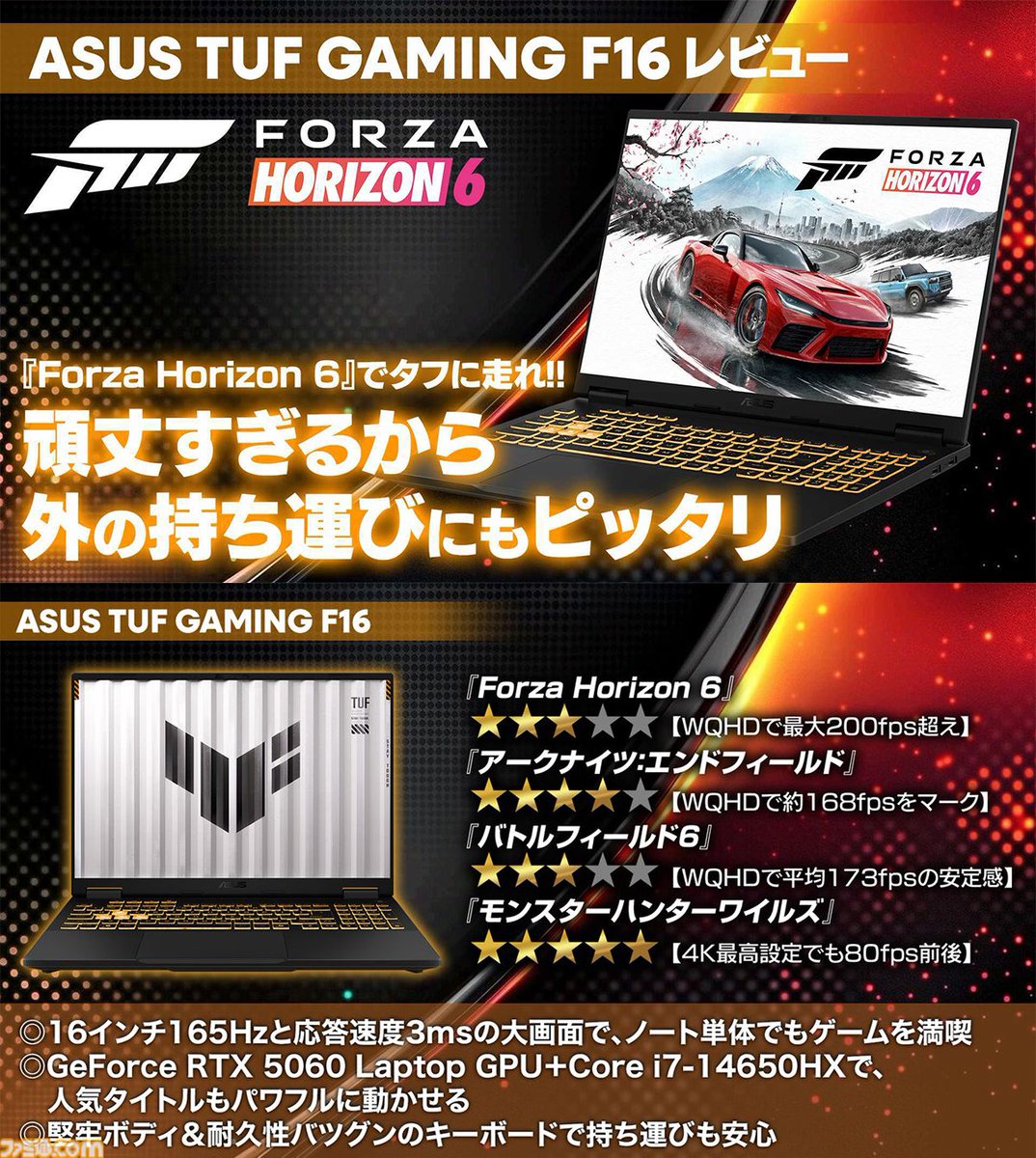 famitsu's tweet photo. Amazonプライムデーで7万円オフ!ASUS“TUF Gaming F16”レビュー。『Forza Horizon 6』がWQHDで200fps超え！
https://t.co/AXXgIqP8QZ

RTX 5060搭載で米軍MIL規格対応のタフなゲーミングノート。165Hzディスプレイで家でも外でも快適に遊べる。【PR】 https://t.co/RgeBdvrqlG