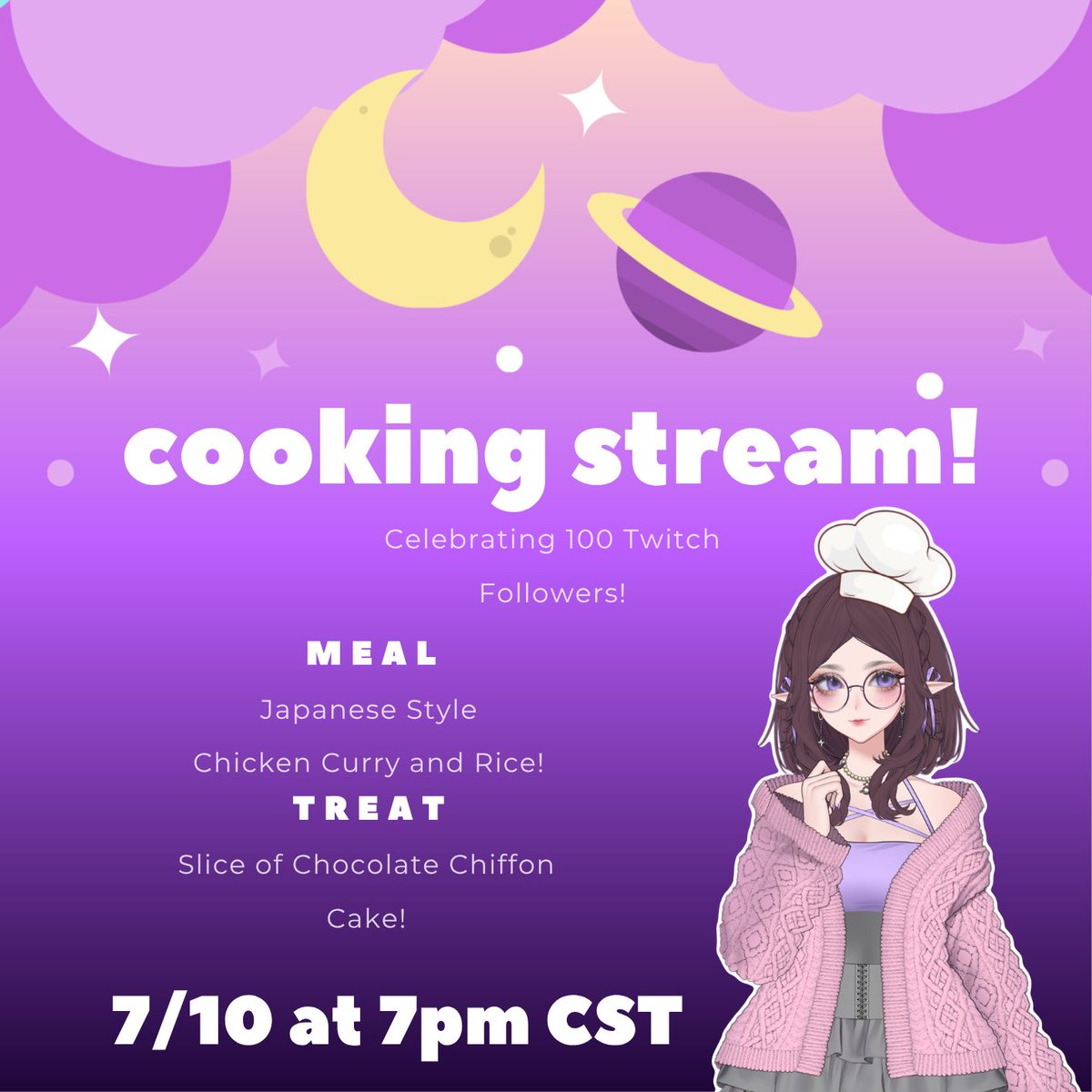 LivsVT's tweet photo. Tomorrow evening to celebrate 100 Twitch followers, I will be doing a cooking stream! I’d love to see you there! 😊💜 https://t.co/E6PuNA2fdE