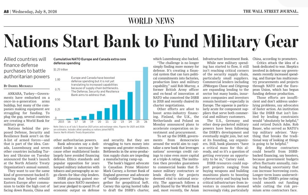 shuklasach's tweet photo. #NATO just invented defense-industrial QE. The DSRB doesn't spend, it guarantees, turning sovereign AAA ratings into private bank credit for def supplychain. India's #defense corridors need similar mechanism, not more budget headlines. #Capital &amp; bankability have been constraints https://t.co/SXU8QBr3S2