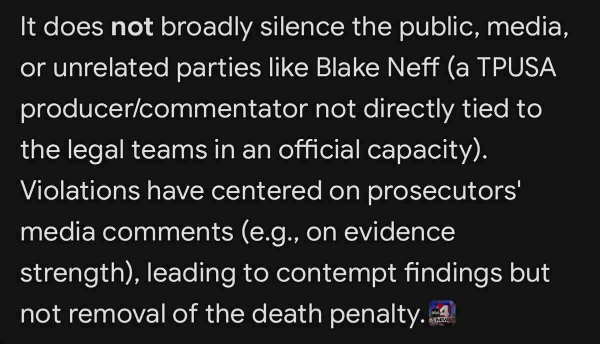 RickValkyrie's tweet photo. @lovegodxfreedom @BlakeSNeff The gag order covers particularly Prosecution Lawyers and State representatives, and only in directly speculating about guilt. It does not apply to anyone else. I found this with 1 question to Grok and a 2 minute Google search. https://t.co/ednFLyFdnC