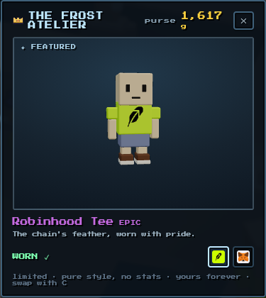 PlaySenkai's tweet photo. First look at some of our first ever custom cosmetics.

Robinhood Tee and MetaMask Tee are now both available in the Frost Atelier. First come first serve. These 2 are part of a limited edition drop for the OG Players on our game and there will be only 20 of them for sale.

Get them now while supplies last!