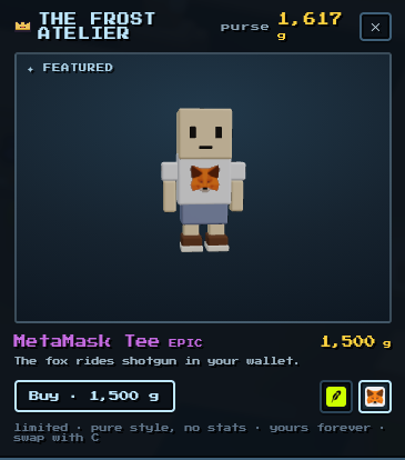 PlaySenkai's tweet photo. First look at some of our first ever custom cosmetics.

Robinhood Tee and MetaMask Tee are now both available in the Frost Atelier. First come first serve. These 2 are part of a limited edition drop for the OG Players on our game and there will be only 20 of them for sale.

Get them now while supplies last!