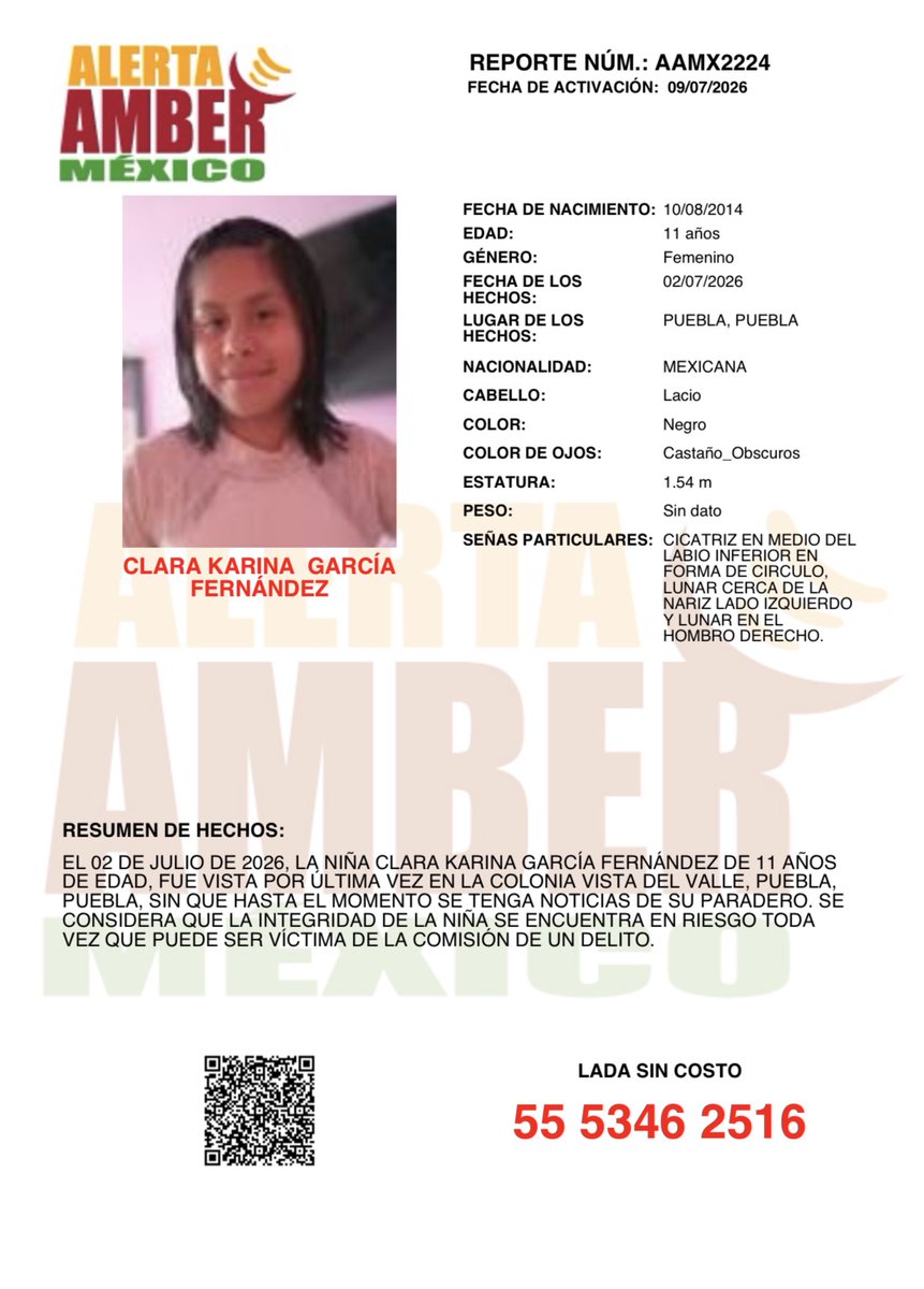 AAMBER_mx's tweet photo. #AlertaAMBER solicita su apoyo y RT para la búsqueda y localización de la niña CLARA KARINA GARCÍA FERNÁNDEZ, de 11 años de edad. https://t.co/Tp06V8RowQ
