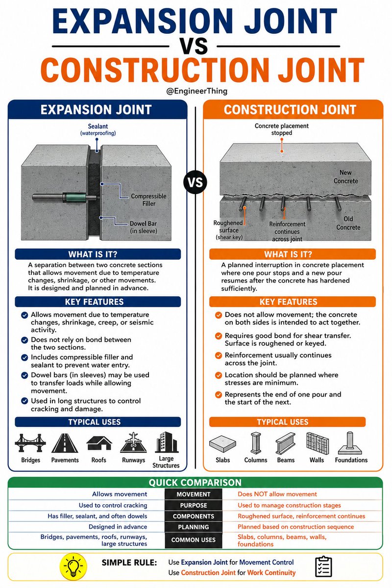 EngineerThing's tweet photo. Expansion Joint vs Construction Joint https://t.co/ARas7fBf2K