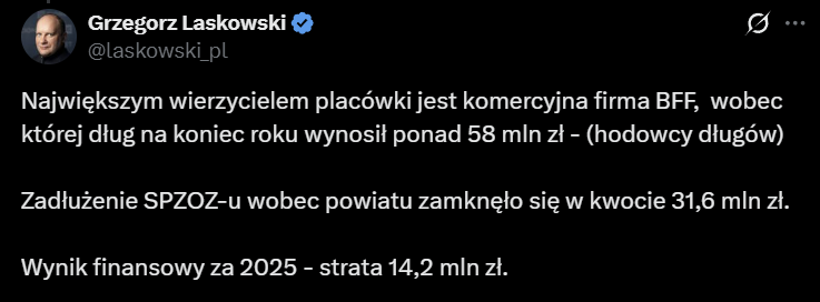laskowski_pl's tweet photo. Szpitale są zadłużone na 22 mld. 
Odsetki od długu to 12-24%! 

Kochani! Nie zdajecie sobie sprawy o jakie pieniądze toczy się gra! https://t.co/lC1DBufL2q