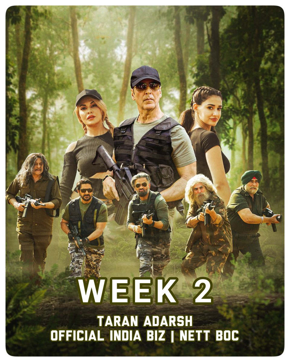 taran_adarsh's tweet photo. #WelcomeToTheJungle remains rock-steady in Week 2 despite the arrival of #Alpha... With #Dhamaal4 hitting cinemas today, it will be interesting to see how well it holds its ground against the new competition.

⭐ #WTTJ [Week 2] Fri 4.95 cr, Sat 7.92 cr, Sun 10.44 cr, Mon 2.78 cr, Tue 3.21 cr, Wed 2.28 cr, Thu 2.11 cr. Total: ₹ 128.90 cr.
#India biz | Official Nett BOC | #Boxoffice 

⭐️ #WTTJ biz at a glance…
⭐️ Week 1: ₹ 95.21 cr [includes Thursday previews]
⭐️ Week 2: ₹ 33.69 cr
⭐️ Total: ₹ 128.90 cr
#India biz | Official Nett BOC | #Boxoffice