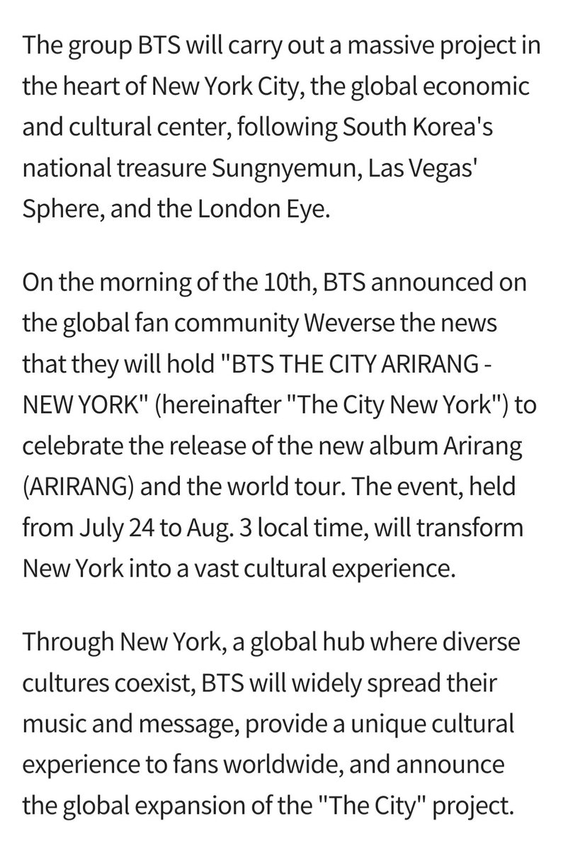 shadow_twts's tweet photo. . @BTS_twt will transform New York into a vast cultural experience, following South Korea's national treasure Sungnyemun, Las Vegas' Sphere, and the London Eye.

Grand Central Terminal, the world's largest train station and a historic landmark will be themed around "Arirang". https://t.co/szIWB0JHeR