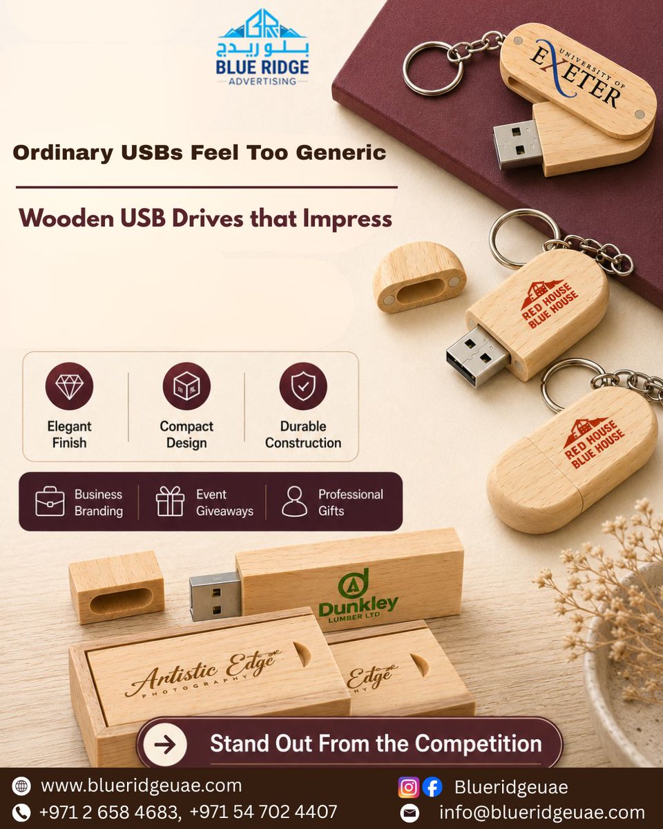 Blueridge_uae's tweet photo. Ordinary USBs are forgettable. Impress clients with Blueridge Wooden USB Drives featuring a premium Bepant finish, compact design and durable construction. Order yours today!
https://t.co/EGx1agop9n
#Blueridge #WoodenUSB #CorporateGifts #BrandedMerchandise #CustomUSB https://t.co/fZMHP31LMO