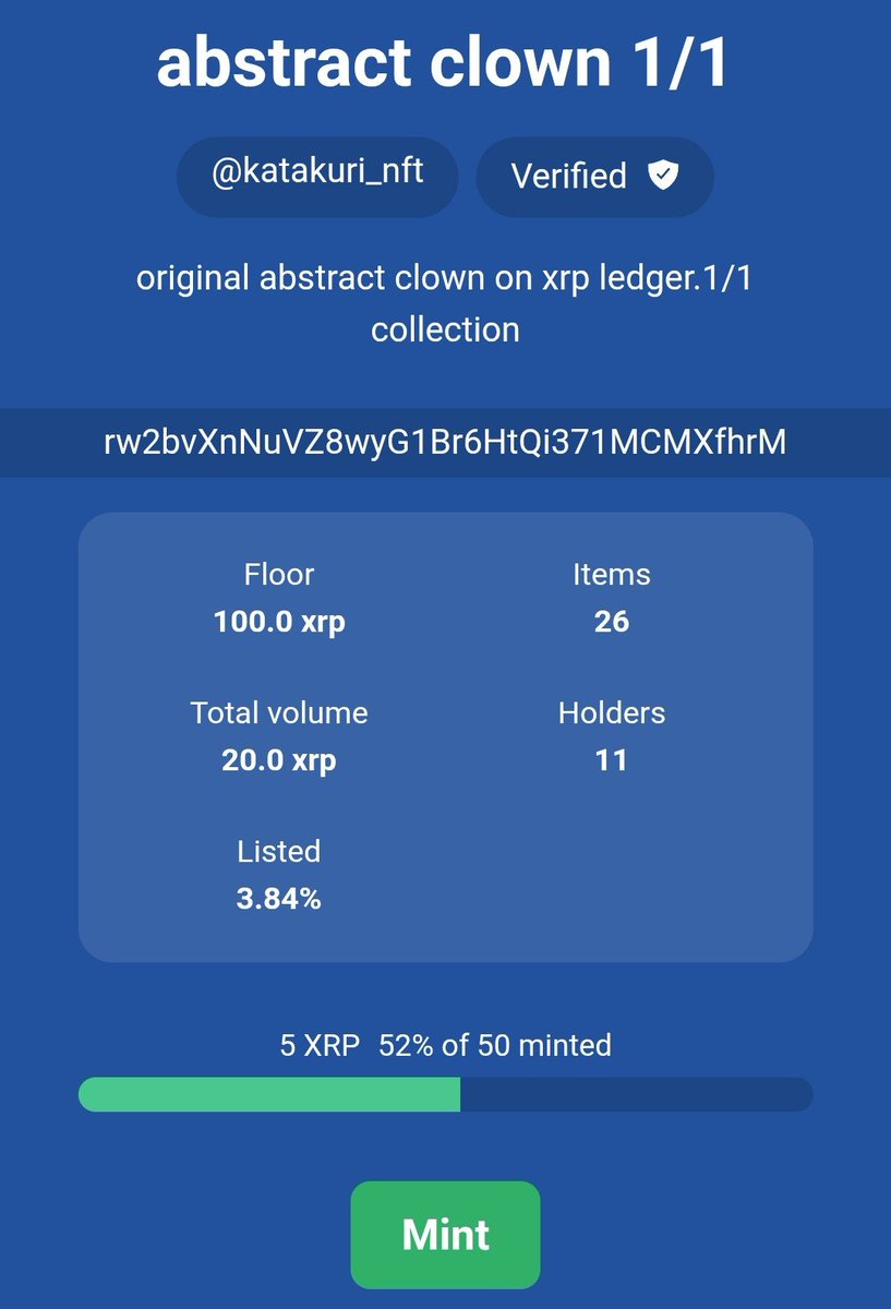katakuri_nft's tweet photo. Abstract Clown is still available on XRP Cafe.

52% of 50 minted

link on @xrpcafe 

https://t.co/QhsE9yRWKZ

#xrplcommunity https://t.co/e241hK7LfZ