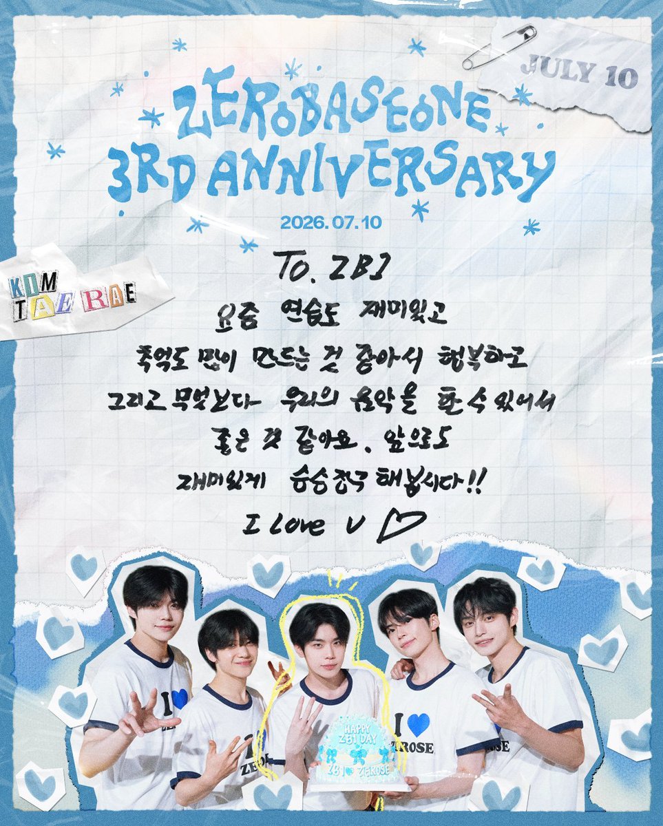 summerofrae's tweet photo. taerae’s letter to the members for zerobaseone’s 3rd anniversary 💙

to. ZB1
i’ve been having fun in practice these days, i also feel happy because it feels like we’re making so much memories
and more than anything, it’s so nice that we get to make our own music.
let’s continue to have fun and thrive!!
I Love U ♡
