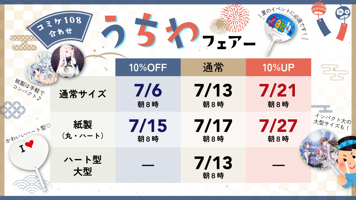 comic_kanbi's tweet photo. 【コミケ108合わせグッズ締切情報】
週明け7/13(月)　朝8時は
下記グッズのコミケ合わせ発注・入稿締切となります！
たくさんのご発注お待ちしております🧡

★ペーパーバッグ大・中・大ハーフ　通常締切
　https://t.co/rCHqjTiZoy
★ラバーマット　10%OFF締切
　https://t.co/kXa4xJ6sTA
★うちわ・ハートうちわ・大型うちわ　通常締切
　うちわ
　　https://t.co/KVz7RIzEXe
　ハートうちわ
　　https://t.co/p0qV6uTItE
　大型うちわ
　　https://t.co/51SIr1RxLc