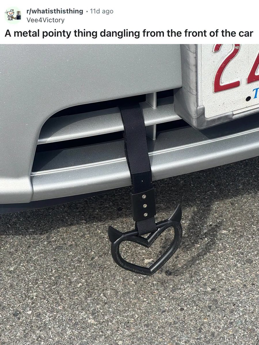 ronsterd89's tweet photo. This  metal shape, looking like a cat/heart, about fist-sized, was just  hanging attached to the front of this car. There was not one on the  other side. Reminds me of those pointy key chains. Why’s it here?" https://t.co/Lia4kTdZNo