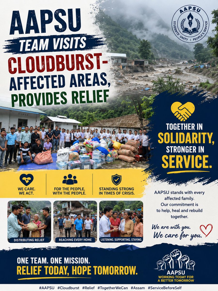 HarshitaS001's tweet photo. AAPSU volunteers visited cloudburst-affected areas, delivering essential relief materials and standing with affected families. Their timely support highlights unity, compassion, and community resilience during challenging times.
#AAPSU #Cloudburst #Relief #ArunachalPradesh #DisasterRelief #CommunitySupport
