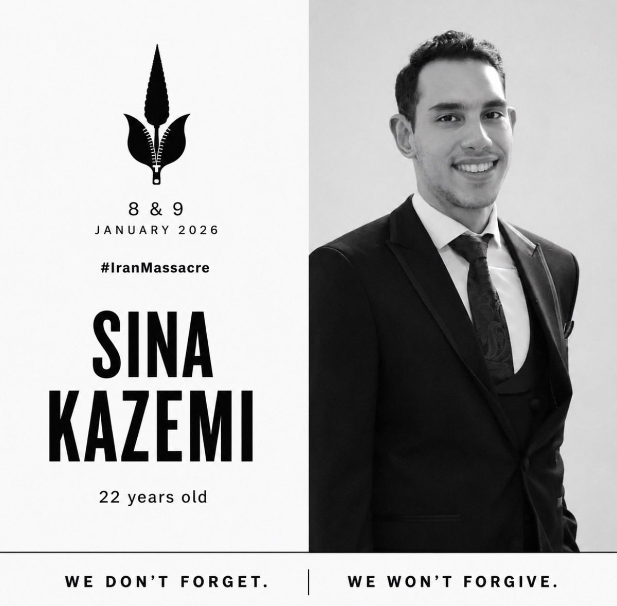 N4F4S8's tweet photo. #RememberJan8And9
My name is Sina Kazemi. I was 22 years old, a senior software engineering student, a guitarist, and an athlete.
Just months away from graduation, I was killed after being shot in the back by the Islamic Republic’s forces during the January 2026 massacre in Iran.
Please share my story so the world knows about the #IranMassacre. 
#سینا_کاظمی