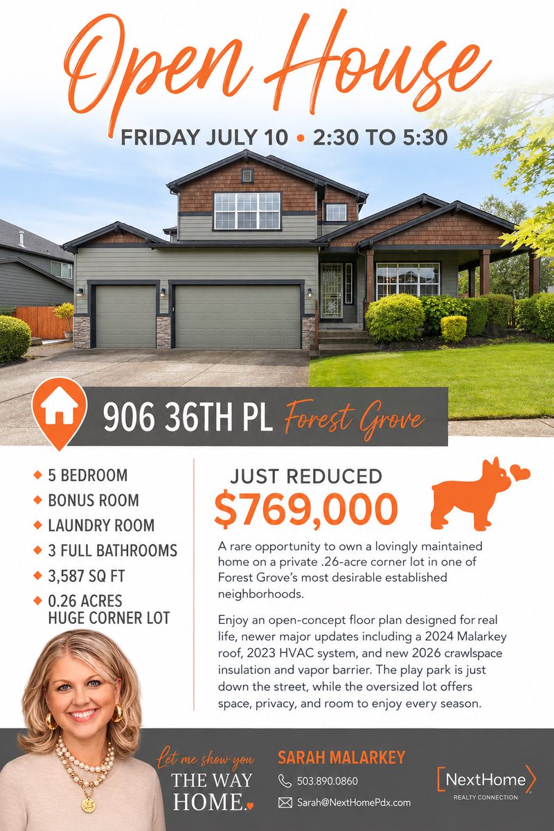 NextHomeSarah's tweet photo. ✴️Open House:
FRIDAY 7/10 2:30PM - 5:30PM

✅ 906 36th Pl, Forest Grove

🔸5 Bedroom
🔸Bonus Room
🔸3 Full Bathrooms 
🔸3,587 sq ft
🔸0.26 Acres - corner lot 
🔸$769,000

Sarah Malarkey - Realtor 
Sarah@nexthomepdx.com

✅Link:  https://t.co/1629eBNewy https://t.co/dvbZhJOvz9