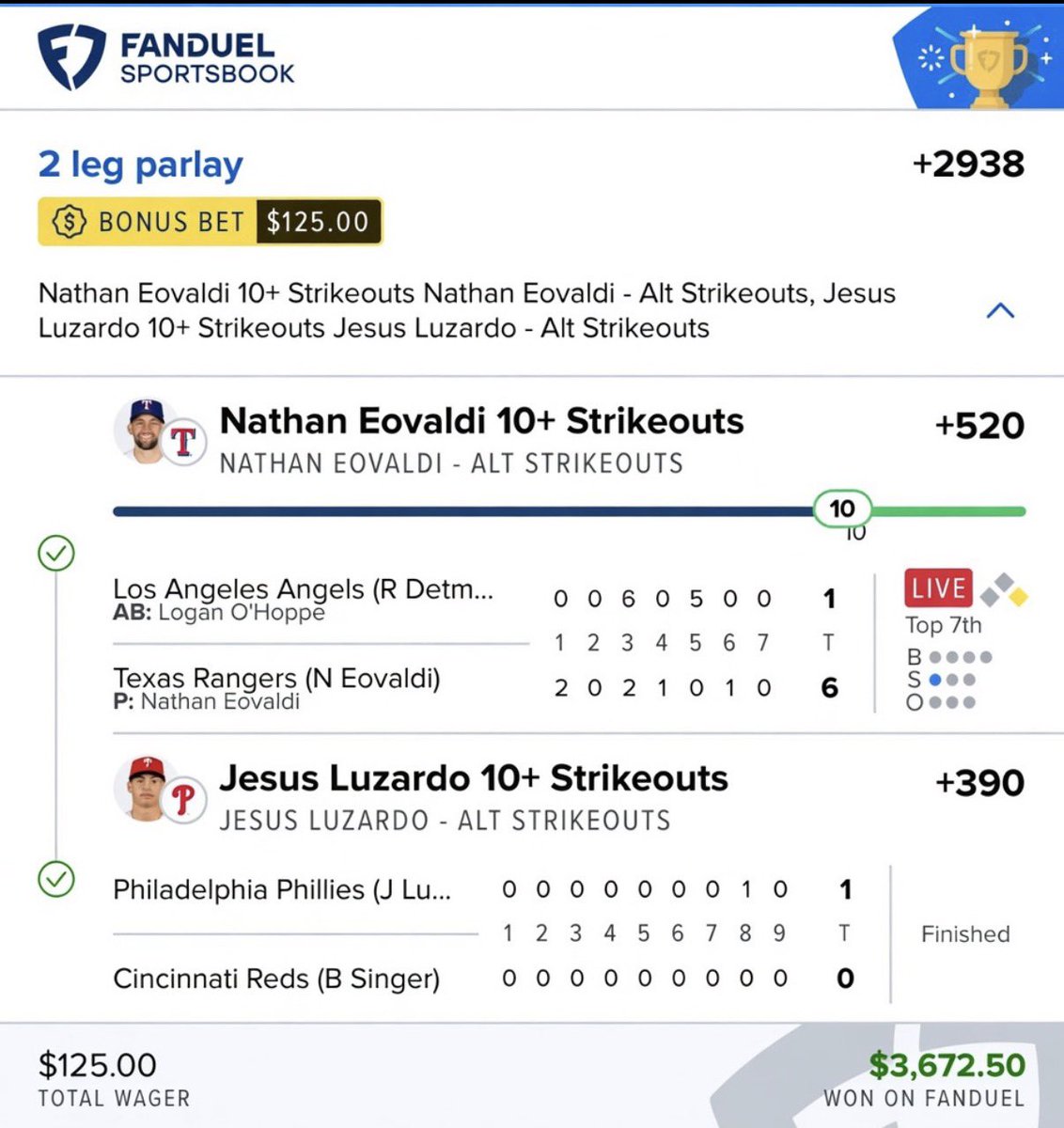 sliptogreen's tweet photo. Turned a $125 bonus bet into a massive $3,672.50 payday with this +2938 MLB strikeout parlay! 🎯⚾️

Join our betting community right now for more free expert picks by clicking the link in my bio!
#SportsBetting #MLB #FreePicks #GamblingX #Parlay https://t.co/B4lwuYMmfb