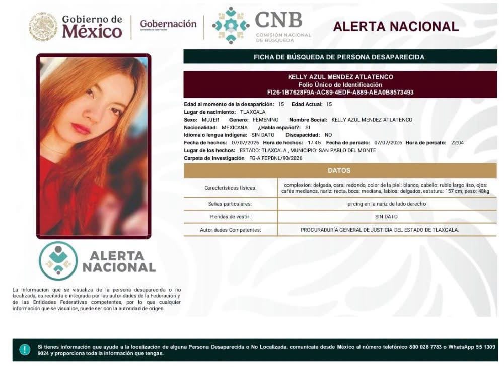laredcincoradio's tweet photo. #ServicioSocial 👤🚨 || Se solicita el apoyo para localizar a Kelly Azul Méndez Atlatenco, de 15 años, quien fue vista por última vez el 07 de julio de 2026 en el municipio de San Pablo del Monte, Tlaxcala. Cualquier información, comunicarse a los teléfonos oficiales de búsqueda.