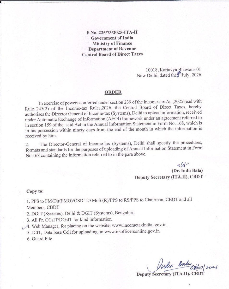 akhilpachori's tweet photo. Foreign Income Data to be Auto-Populated in AIS

CBDT has issued an important order authorising the Director General of Income-tax (Systems) to upload information received under the Automatic Exchange of Information (AEOI) framework into the Annual Information Statement (AIS) - Form No. 168.

This may include information relating to:

Foreign bank accounts
Overseas investments
Foreign dividend/interest income
Foreign securities
RSU & ESPO
Other reportable financial assets and income shared under AEOI.

Taxpayers having foreign assets or foreign income should ensure proper disclosure in:

Schedule FA (Foreign Assets)
Foreign source income schedules
Relevant ITR disclosures