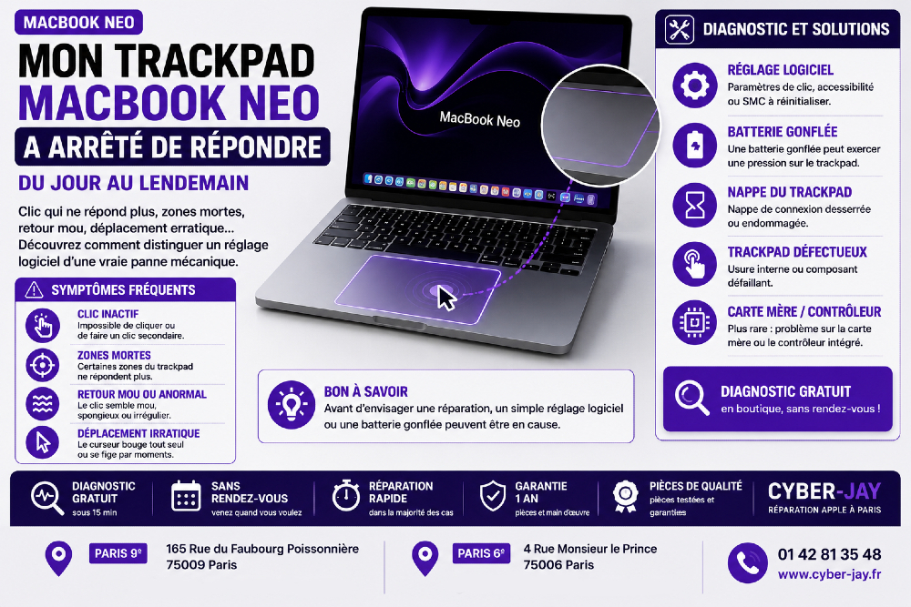 CyberJayTech's tweet photo. 🖱️ Votre trackpad MacBook Neo répond mal, ne clique plus, ou semble mou par endroits ? Avant de penser au pire, il existe un réglage simple à vérifier. On vous explique comment distinguer une panne d'un simple paramètre. À lire sur le blog Cyber-Jay.

👉 https://t.co/zWuFXpXJu7 https://t.co/HOTzGrDGY6