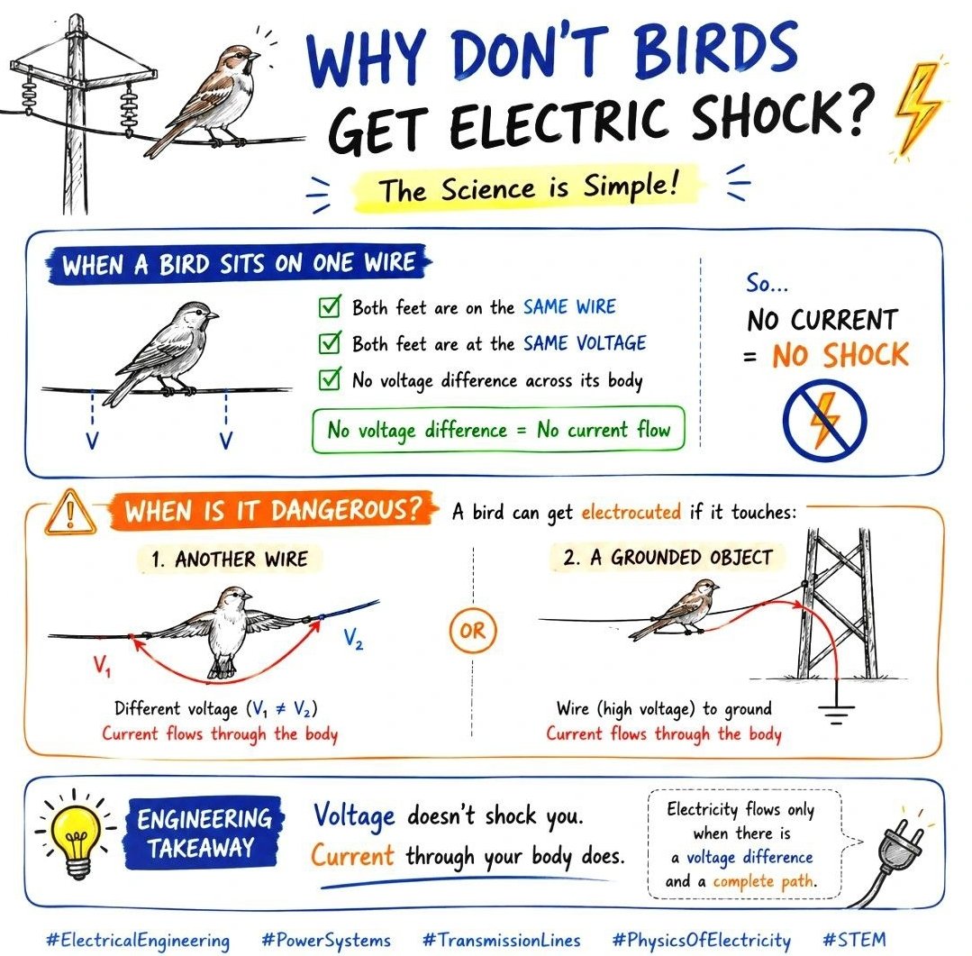 Electrical_4u_'s tweet photo. Why don't Birds get Electric Shock? Explained π₯π―
The main reason to get the current flow is having Voltage difference across any conductor. If that doesn't happen then the current will not flow and No electric shock will be there.
#electrical #interviewquestions https://t.co/gMCccBqJyS