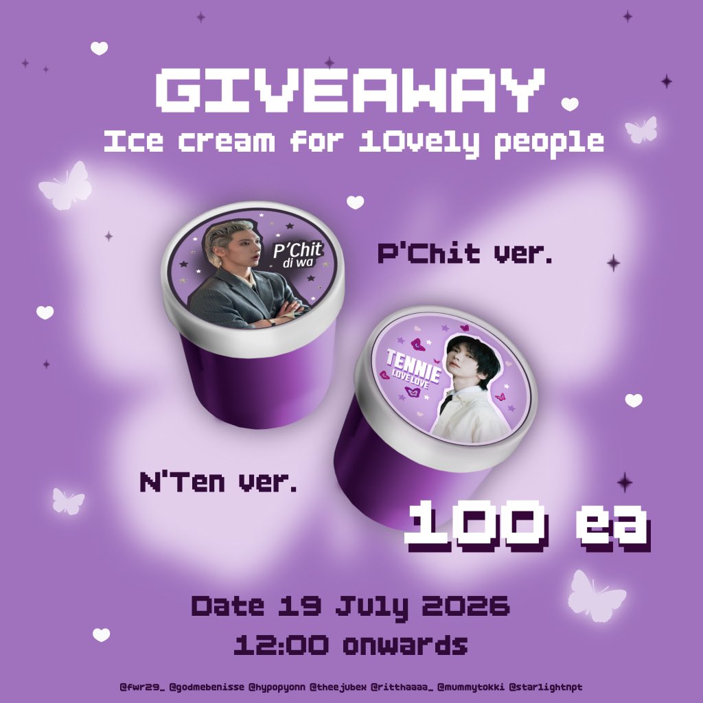 fwr29_'s tweet photo. Giveaway ₍^. .^₎⟆ ₊˚⊹♡

💟Ice cream 100 ea for 10vely people💟
- P’Chit ver. 50 ea
- N’Ten ver. 50 ea

Date : 19 July 2026
Time: 12.00 p.m. onwards 
📍Bitec live

#TENCORE0110iscalling #TENCORE0110Concert 
#10YearsWithTEN https://t.co/3nZ1n0yf7d