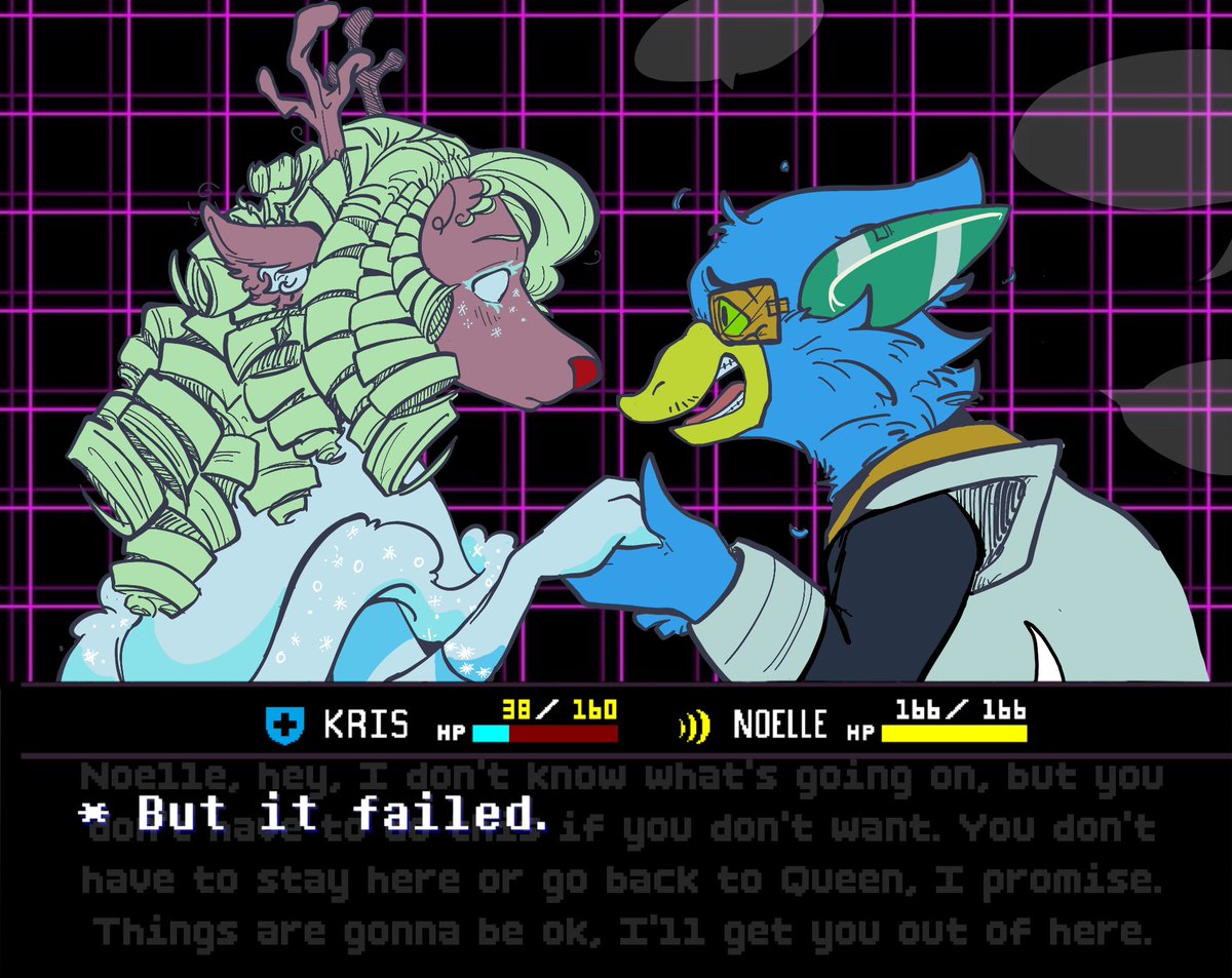 Vex_ation_'s tweet photo. I have a hc that things happen in Deltarune that are obscured from the player by the game itself (ie things Kris does). I’ve been entertaining the idea that Berdly spoke a lot to Noelle during the Snowgrave fight but she couldn’t hear him bc his dialogue was buried by the UI https://t.co/o7bJNL7VgJ