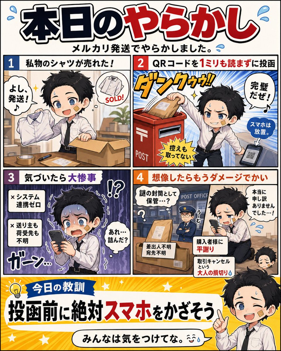 hattatsukun's tweet photo. ＜本日のやらかし＞ #ADHD #発達障害
メルカリで私物のシャツが売れたので「ゆうパケットポスト」を送るとき、スマホでのQRコード読み込みを1ミリもせずに、手元に控えとらず、ポストへ綺麗にダンクシュート。

システム連携ゼロなので送り主も荷受先も不明。ポストから出発された私のシャツが、どこかの郵便局で「法律上、開封も引き渡しもできない身元不明の怪しい謎の封筒」として厳重に保管されていることでしょう。

WEB調査依頼が意味不明すぎて、購入者様に平謝りして取引キャンセルという大人の損切りを選択しました。みんなは投函前に絶対にスマホかざそうな。。。