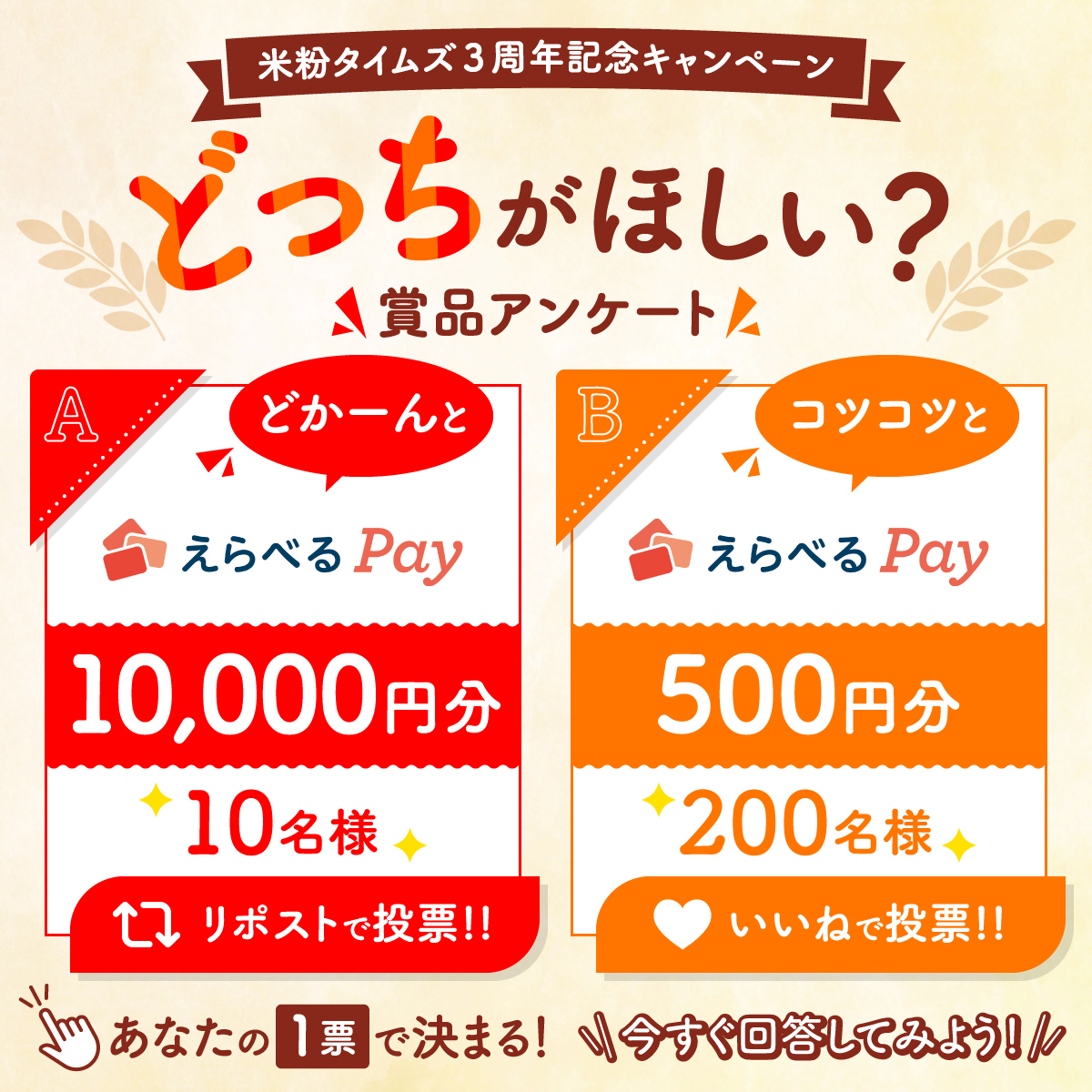 komekotimes's tweet photo. ＼あなたならどっちがほしい？／ 
米粉タイムズ3周年記念キャンペーンの賞品アンケート🎉

🔁 リポストで投票
A：えらべるPay 10,000円分（10名様）

❤️ いいねで投票
B：えらべるPay 500円分（200名様）

あなたの1票でキャンペーン賞品が決まります✨
投票は7/13（月）11:59まで！
ぜひご参加ください😊
