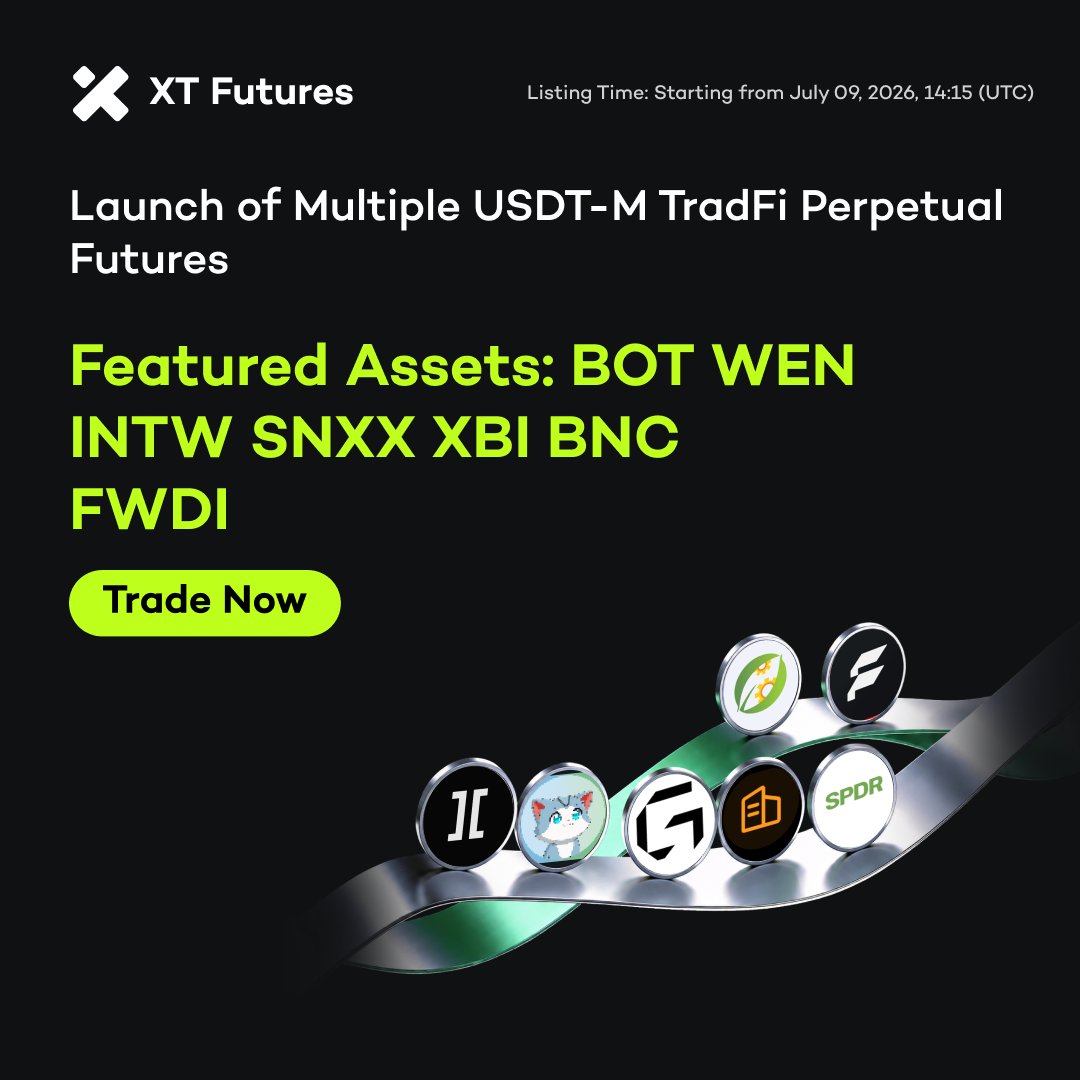 XTexchange's tweet photo. 🚀 #XTfutures New Listing Alert 🚀

🔥 XT has listed BOTUSDT (1-25X), WENUSDT (1-25X), INTWUSDT (1-25X), SNXXUSDT (1-25X), XBIUSDT (1-25X), BNCUSDT (1-10X), FWDIUSDT (1-10X) USDT-M #TradFi Perpetual Futures on July 09, 2026 (UTC).

Trade Now ⤵️
https://t.co/2ZqbwgaAna https://t.co/ROfXkt8tYC