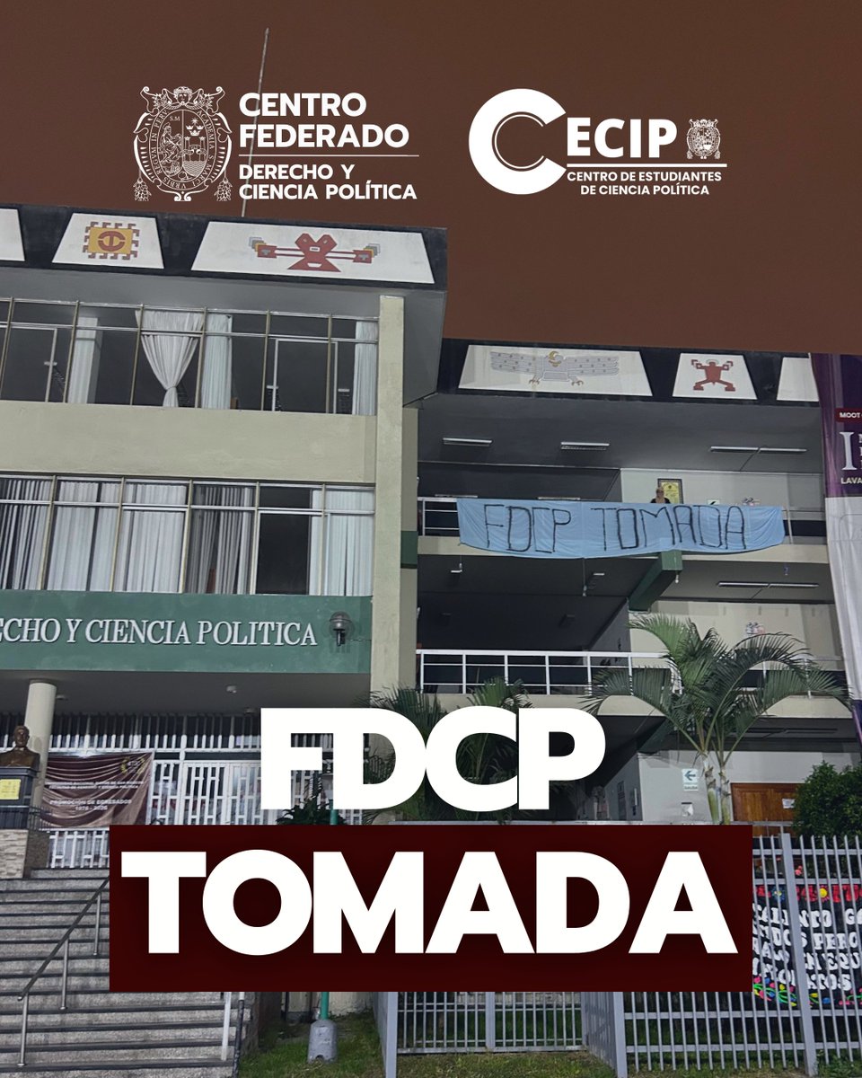 CFdcpUnmsm's tweet photo. 🚨 LA FDCP HA SIDO TOMADA

Ante la falta de respuestas y el incumplimiento de demandas históricas del estudiantado, la comunidad organizada ha decidido tomar la Facultad de Derecho y Ciencia Política.

¡La lucha continúa, hasta que nuestras demandas sean escuchadas! ✊🏻📚

#cf https://t.co/K89NXI6sNt