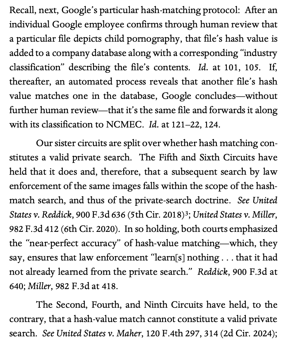 OrinKerr's tweet photo. CA11 deepens the split—now 3 to 3—on whether the private search reconstruction doctrine allows the govt to open a computer file w/o a warrant after a private Internet provider scans it &amp; finds a hash match w/known CSAM file. CA11, per Newsom, says yes. https://t.co/h8yz1Knfv6 #N https://t.co/Jfc7bJHN9W