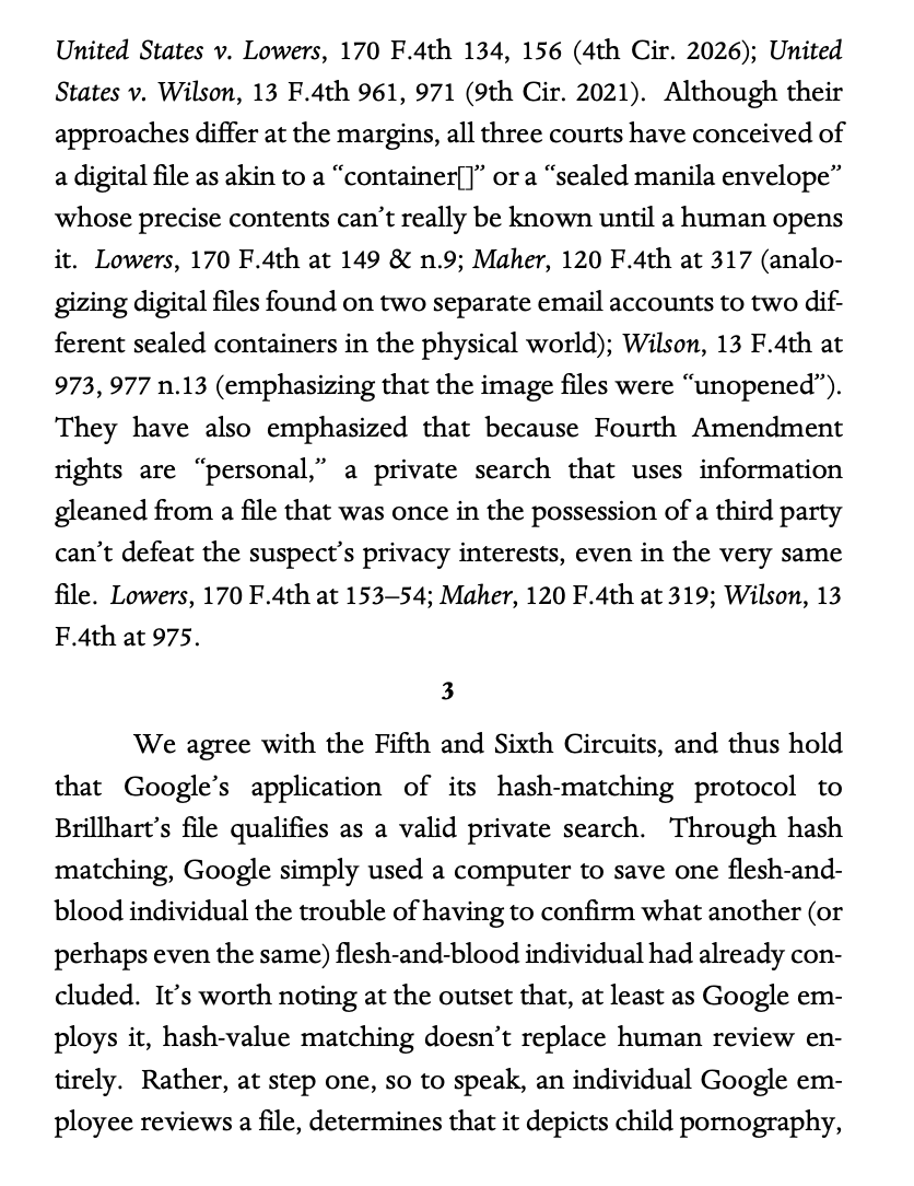 OrinKerr's tweet photo. CA11 deepens the split—now 3 to 3—on whether the private search reconstruction doctrine allows the govt to open a computer file w/o a warrant after a private Internet provider scans it &amp; finds a hash match w/known CSAM file. CA11, per Newsom, says yes. https://t.co/h8yz1Knfv6 #N https://t.co/Jfc7bJHN9W