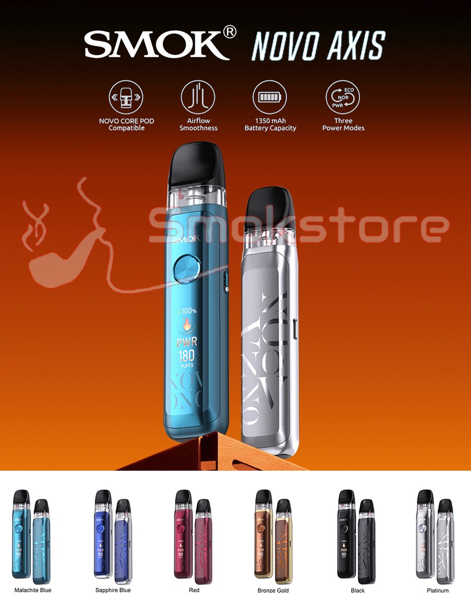 Smokstore's tweet photo. SMOK Novo Axis Pod System Kit 1350mAh
Compatible with NOVO CORE POD 
Airflow Smoothness
Three Power Mode
0.96-inch TFT Display
Style your week with 3 Themes
Less Power, More Puffs
2ml Capacity, Top Refill

More Details: https://t.co/6P1mBIMO2c https://t.co/DQFt7wqHxi