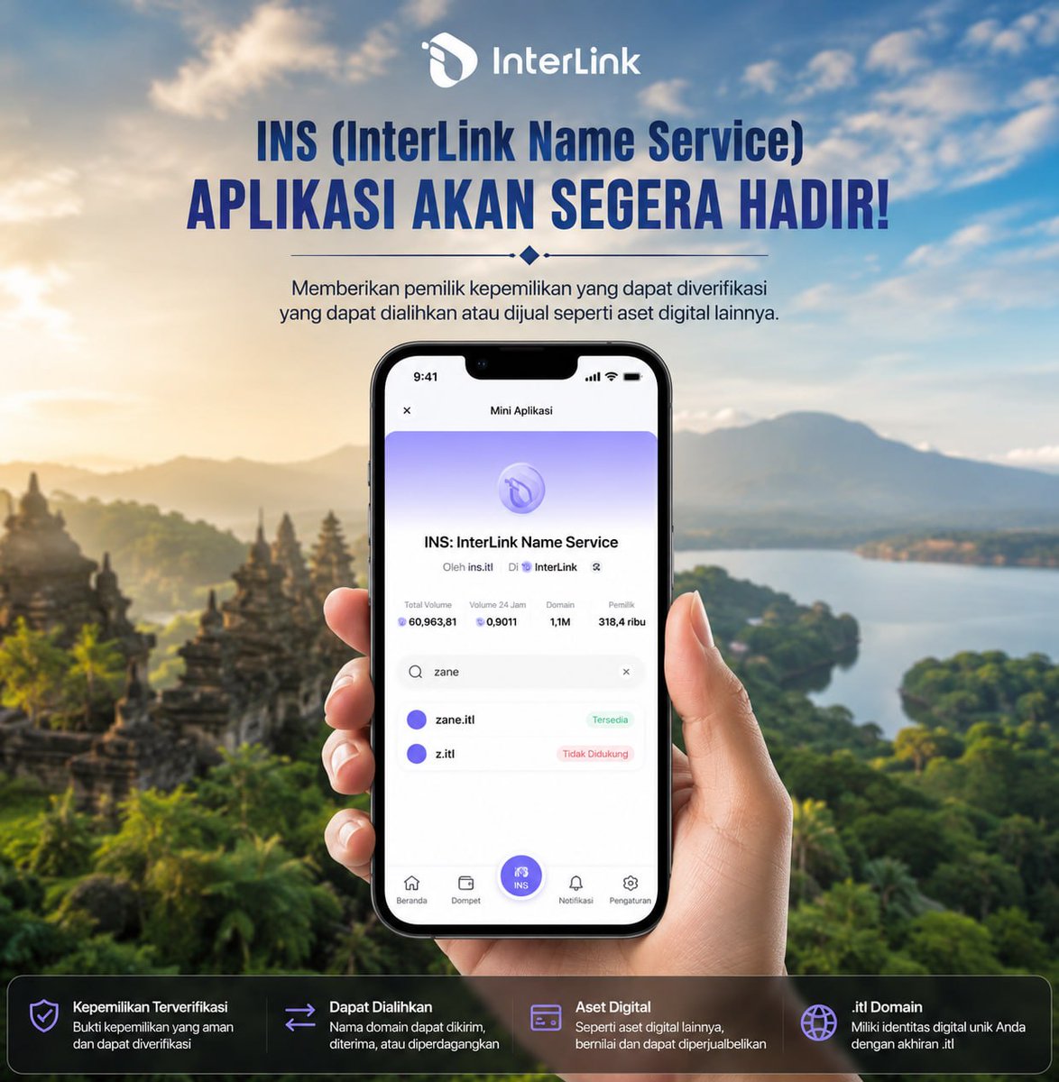 interlinklabsid's tweet photo. 📢 INS (InterLink Name Service) Segera Hadir! 🌐

InterLink akan segera meluncurkan INS (InterLink Name Service), sebuah layanan penamaan terdesentralisasi yang dibangun di atas InterLink Chain.

Dengan INS, pengguna tidak perlu lagi menggunakan alamat dompet yang panjang dan sulit diingat. Cukup gunakan nama yang mudah dibaca, seperti:

✅ dwi.itl
✅ company.itl
✅ community.itl

🔹 Apa itu INS?
INS adalah sistem penamaan blockchain yang memungkinkan Anda memiliki domain dengan akhiran .itl.

Setiap nama INS merupakan NFT IRC-721, sehingga kepemilikannya sepenuhnya berada di tangan pemilik dan dapat dipindahkan, diperjualbelikan, atau diwariskan seperti aset digital lainnya.

Selain menjadi alamat dompet, nama INS juga dapat digunakan untuk:

• Menghubungkan berbagai alamat blockchain dalam satu nama.
• Menyimpan alamat website terdesentralisasi.
• Menyimpan alamat email.
• Menampilkan akun media sosial.
• Menjadi identitas digital pribadi maupun organisasi.

🔹 Bagaimana Cara Kerja INS?
INS menggunakan sistem domain yang bertingkat.

Contohnya:
interlink.itl
Kemudian pemilik dapat membuat subdomain tanpa batas, seperti:

➡️ wallet.interlink.itl
➡️ shop.interlink.itl
➡️ mail.interlink.itl

Semua subdomain tersebut dapat dikelola secara terpisah sesuai kebutuhan.

INS juga mendukung:

✅ Forward Resolution
Mengubah nama seperti dwi.itl menjadi alamat wallet.

✅ Reverse Resolution
Mengubah alamat wallet menjadi nama seperti dwi.itl, sehingga transaksi menjadi lebih mudah dikenali.

🔹 NameWrapper & IRC-1155
INS juga menghadirkan fitur NameWrapper.

Dengan fitur ini, domain dapat diubah menjadi token IRC-1155 yang memiliki sistem izin (fuses), sehingga pemilik dapat mengatur hak akses tertentu, misalnya:
• Mengunci domain agar tidak dapat diubah.
• Mencegah pencabutan subdomain.
• Memberikan kepemilikan subdomain yang benar-benar independen.

Fitur ini membuka peluang penggunaan yang lebih luas untuk bisnis, komunitas, maupun organisasi.

🔹 Apa Manfaat INS?
INS memberikan banyak kemudahan, antara lain:

✅ Mengirim dan menerima aset kripto tanpa harus mengetik alamat wallet yang panjang.
✅ Mengurangi risiko kesalahan saat melakukan transaksi.
✅ Menghubungkan banyak alamat blockchain ke dalam satu nama.
✅ Menjadi identitas digital Web3.
✅ Mendukung branding pribadi maupun perusahaan.
✅ Memudahkan pembuatan sistem domain untuk komunitas dan aplikasi.

🔹 Cara Mendaftarkan Domain INS
Saat INS resmi diluncurkan, pengguna hanya perlu:

1️⃣ Menghubungkan wallet yang kompatibel.
2️⃣ Menyiapkan token ITL untuk biaya pendaftaran.
3️⃣ Mencari nama yang masih tersedia.
4️⃣ Mendaftarkan domain secara langsung.
Sebagian besar domain akan menggunakan sistem First Come, First Served (siapa cepat dia dapat), tanpa proses lelang.

💰 Biaya Pendaftaran
Biaya domain akan dihitung dalam USD, tetapi pembayarannya menggunakan ITL.
Sistem Oracle akan secara otomatis mengonversi nilai USD ke jumlah ITL sesuai harga pasar saat transaksi dilakukan.
Perkiraan biaya:

• Domain 5 karakter atau lebih: hanya beberapa dolar per tahun.
• Domain 3–4 karakter: lebih mahal karena jumlahnya terbatas dan lebih eksklusif.

Setiap domain juga memerlukan perpanjangan secara berkala. Jika masa aktif habis, pemilik masih memiliki masa tenggang untuk memperpanjang sebelum domain kembali tersedia untuk umum.

🚀 INS akan menjadi fondasi identitas digital di ekosistem InterLink.

Dengan menggunakan nama .itl, pengguna tidak hanya memperoleh alamat wallet yang lebih sederhana, tetapi juga identitas Web3 yang aman, mudah diingat, dan dapat digunakan di berbagai layanan dalam ekosistem InterLink.

Siapkan nama .itl impian Anda sebelum diambil oleh orang lain! 🔥

#InterLink #ITLG #ITL