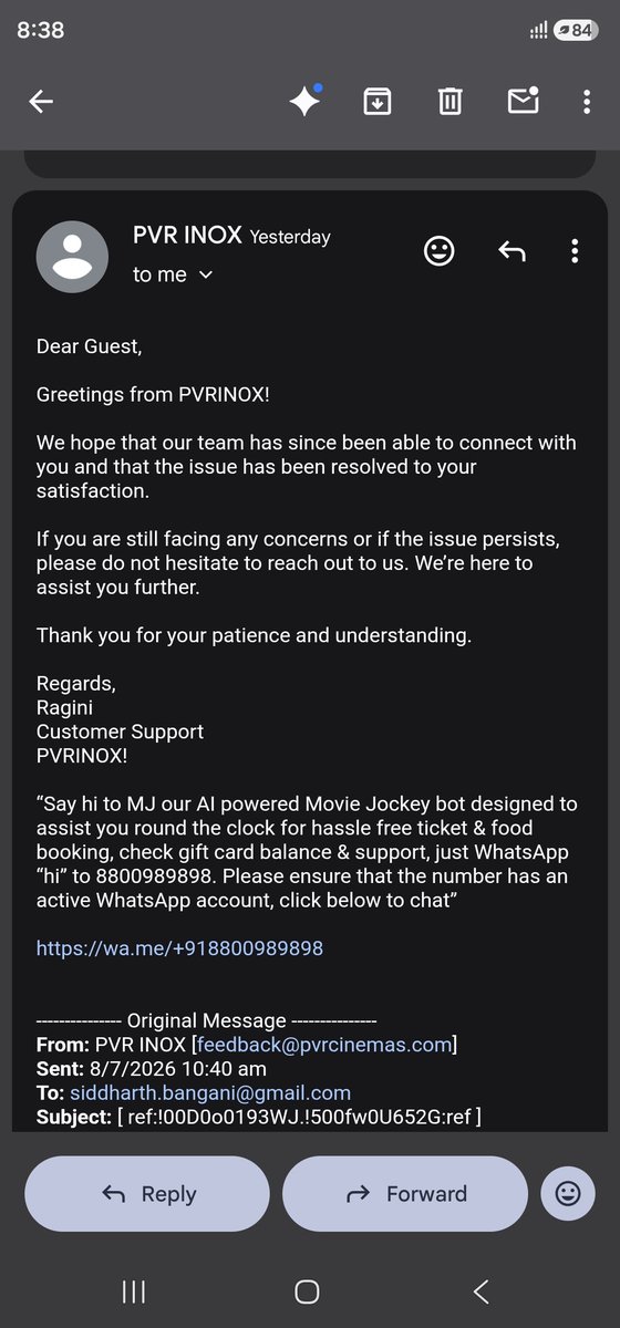 shud4u's tweet photo. @PVRSupport See the audacity of your employee or I can say your company , marking the issue resolved without resolving it. There is no reply from your team why that has happen. Will raise concern with consumer forum https://t.co/6Iwkpd6iES
