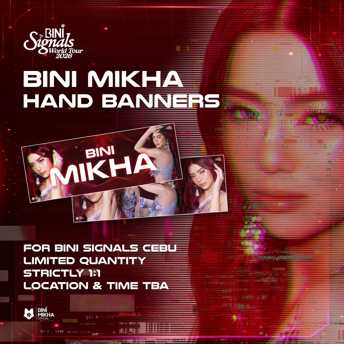 BiniMikhaOFC's tweet photo. Sa Luzon, Visayas ba, o sa Cebu kaya?￼❤️

We’ll be distributing BINI Mikha hand banners — limited quantities only, so make sure to grab yours! 

Stay tuned for the details tomorrow! See you at the Cebu Signals Concert! 😄

#BINI #MikhaLim https://t.co/CZlmIsycsq