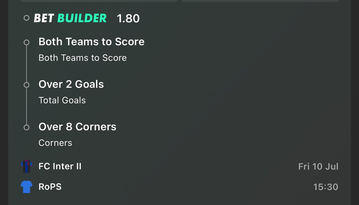 AwayDaysX's tweet photo. Finland Value Single ⚽️

FC Inter II v RoPs 🇫🇮 

Bet Builder (1.80) 🔨 https://t.co/ACnfRUwyGw
