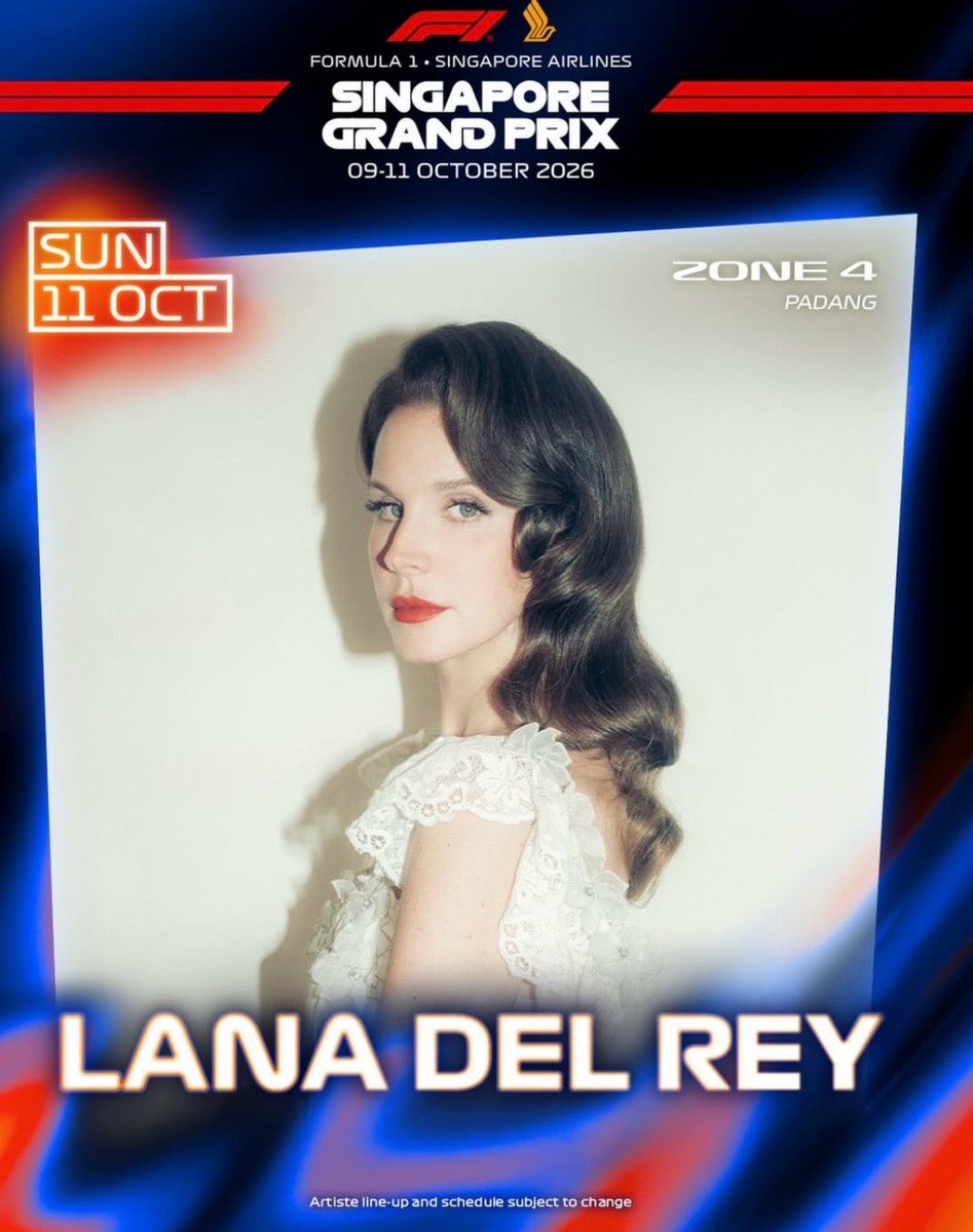lanabrasil's tweet photo. 🚨 Lana Del Rey foi anunciada como atração do GP de Singapura de Fórmula 1! 

A cantora se apresenta no dia 11 de outubro. O line-up do evento também conta com The Killers. https://t.co/4iW3pvG11e